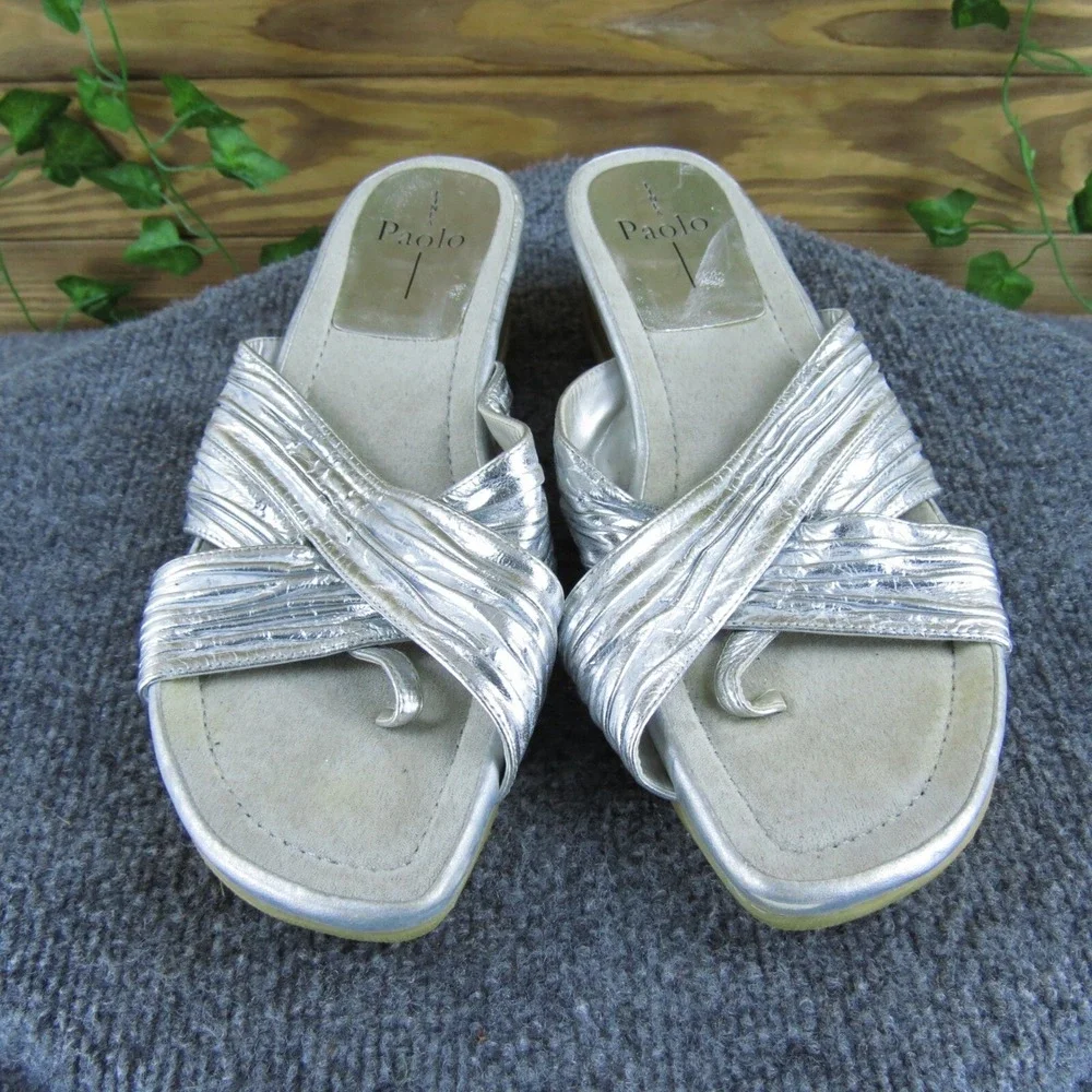 Linea Paolo Silver Metallic Criss Cross Toe Thong Wedge Sandals Slides Size 10.5